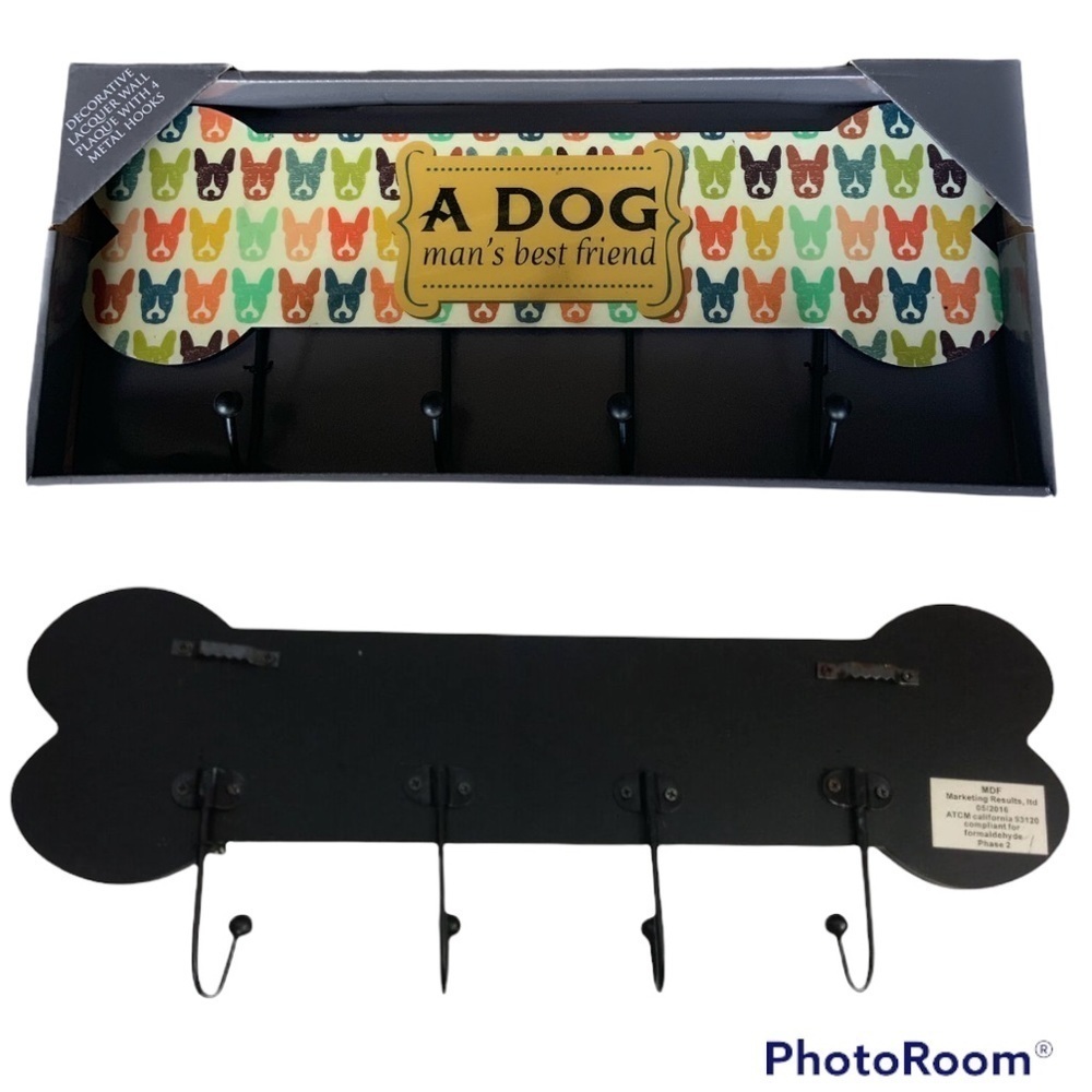 Dog Bone Shape Hook Rack Wall Plaque Decorative Lacquered 4 Metal Hooks Multi…